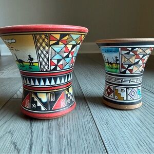 Handcrafted Peruvian Andean Terracotta Kero Vessels 2-Piece Set